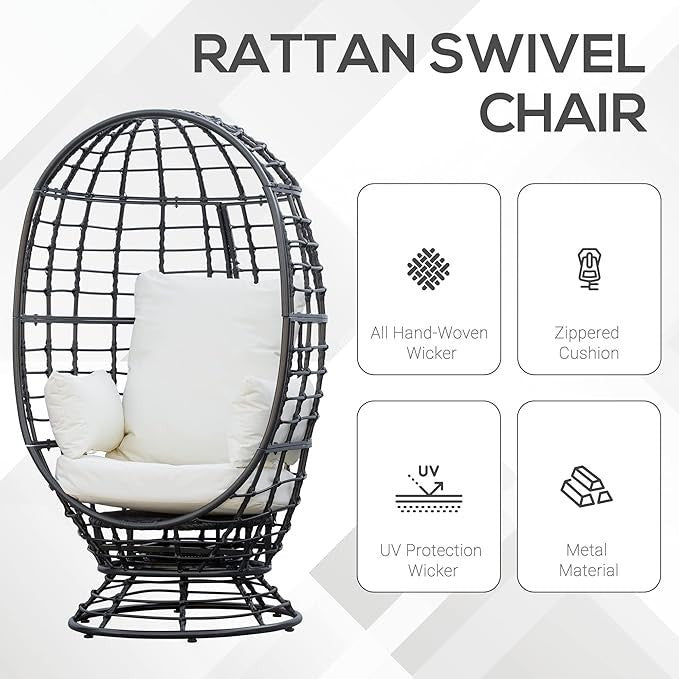 Luxury 360° Swivel Egg Chair Outdoor Rattan Seat w/ Cushions – 150kg Capacity - Kwikley