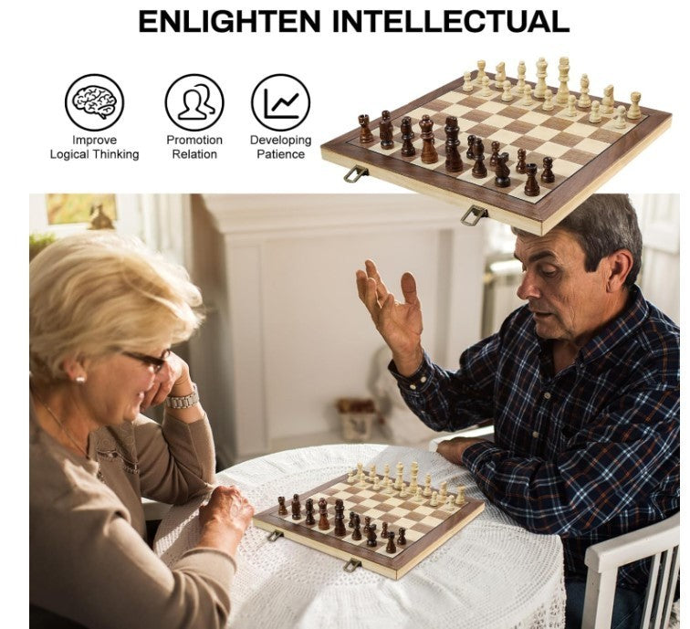 Luxury 39cm Magnetic Wooden Chess Set – Folding Board, Storage Slots - Kwikley