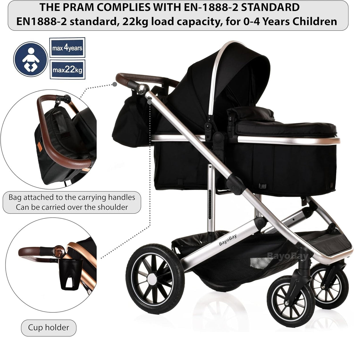 Luxury 3in1 Baby Pram Pushchair Car Seat Foldable Travel System 22kg - Kwikley