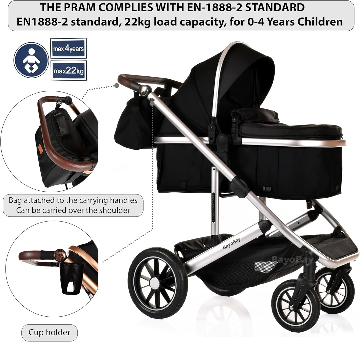Luxury 3in1 Baby Pram Pushchair Car Seat Foldable Travel System 22kg - Kwikley