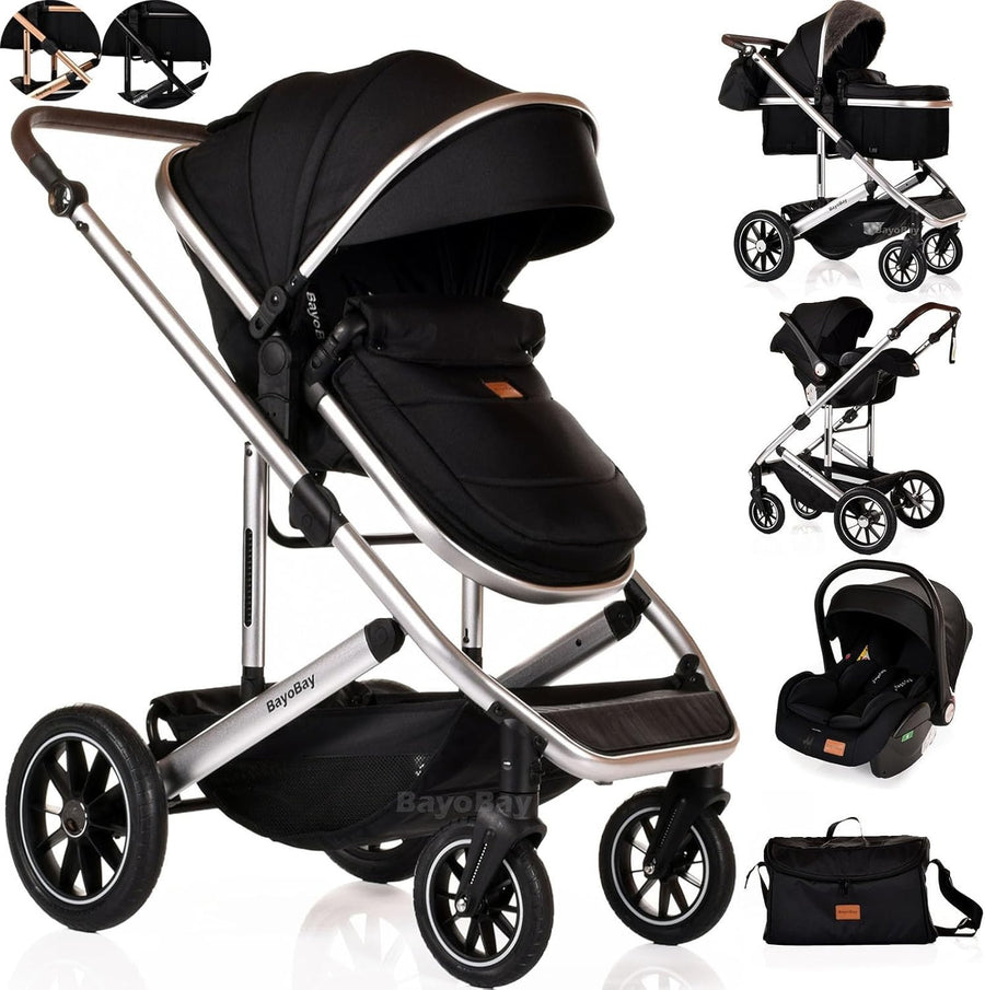 Luxury 3in1 Baby Pram Pushchair Car Seat Foldable Travel System 22kg - Kwikley