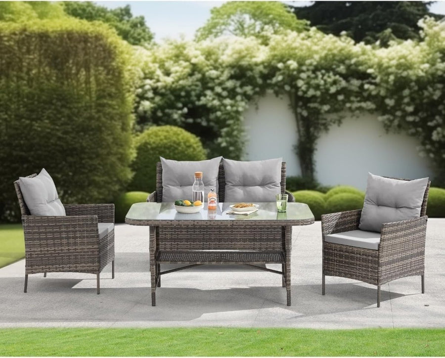 Luxury 4 Seater Rattan Garden Dining Lounge Set Sofa Chairs Glass Table Patio - Kwikley