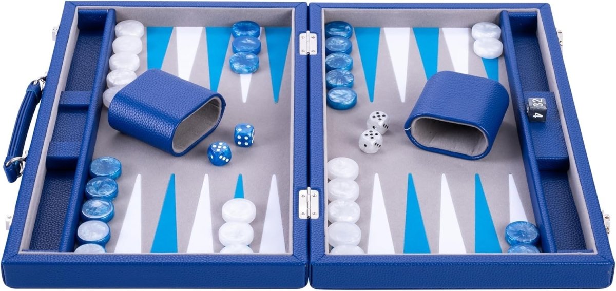 Luxury Backgammon Set 15in Faux Leather Case Travel Board Game Dice Cups - Kwikley