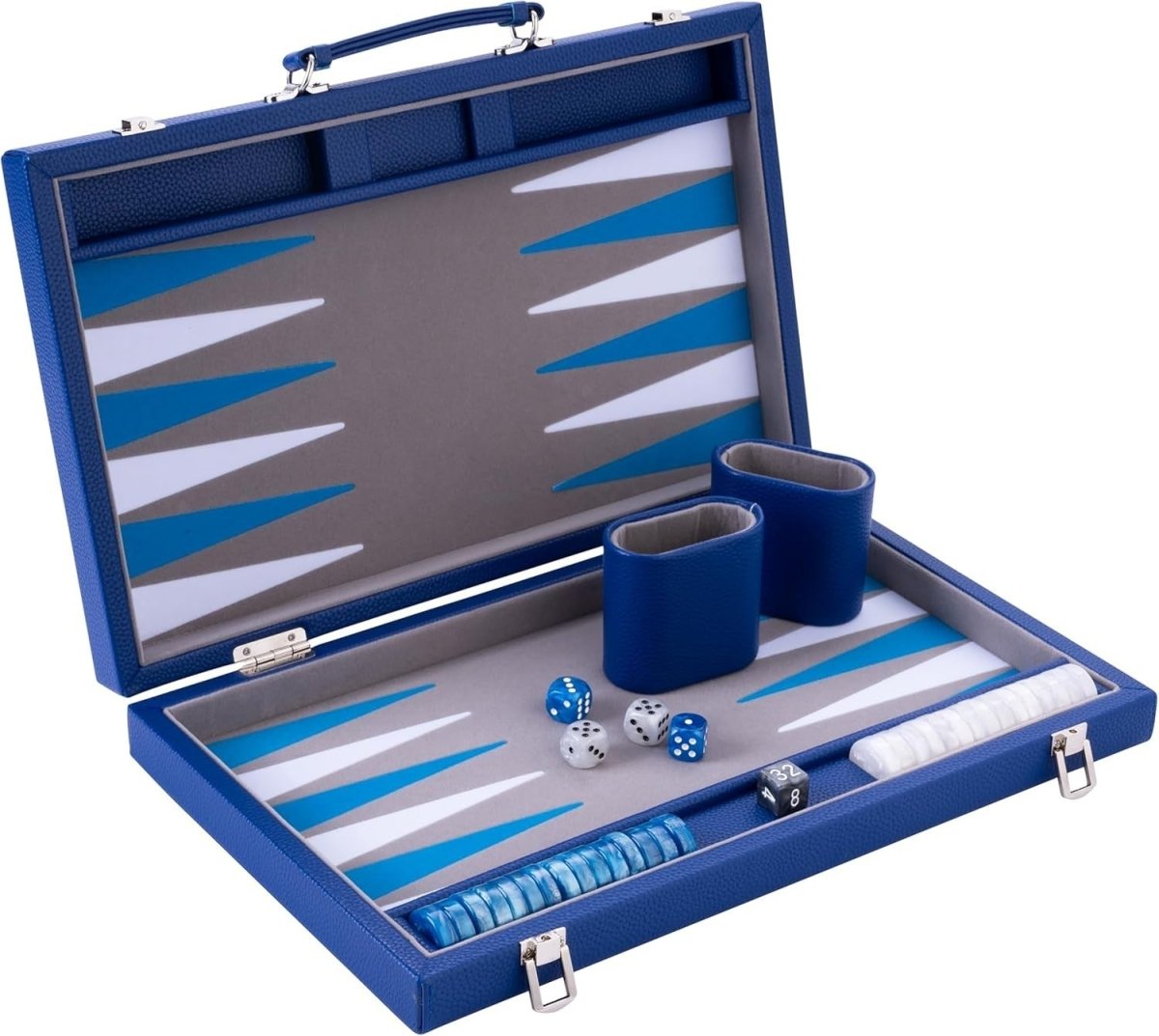 Luxury Backgammon Set 15in Faux Leather Case Travel Board Game Dice Cups - Kwikley