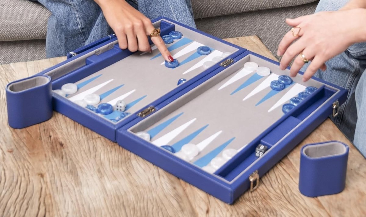 Luxury Backgammon Set 15in Faux Leather Case Travel Board Game Dice Cups - Kwikley