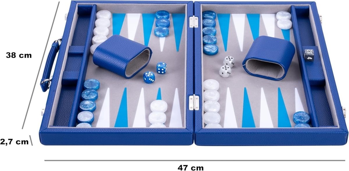 Luxury Backgammon Set 15in Faux Leather Case Travel Board Game Dice Cups - Kwikley
