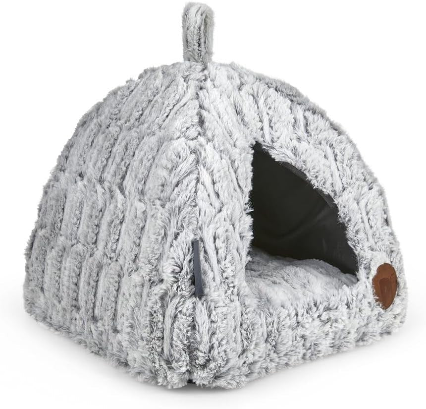 Luxury Bamboo Cat Igloo Bed Plush Cozy Pet Hideaway 40x40x35cm - Kwikley