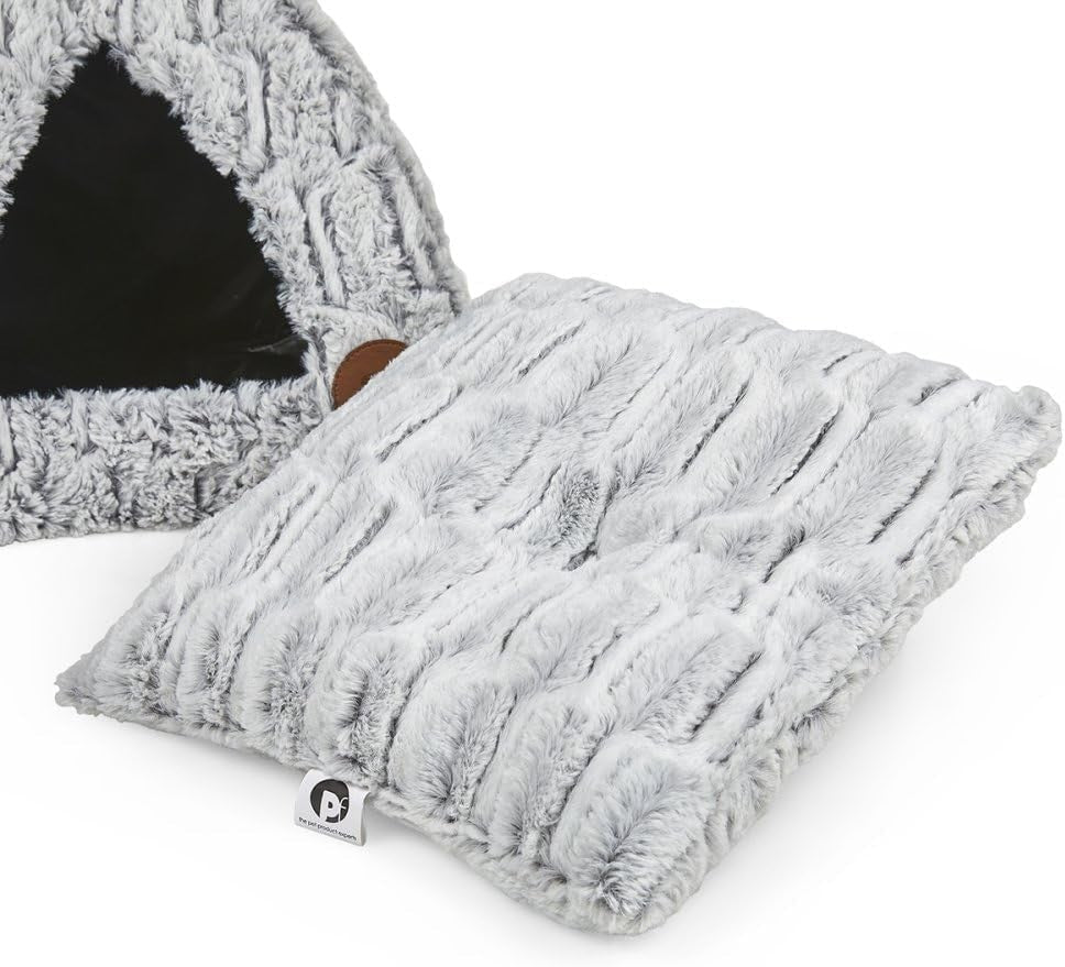 Luxury Bamboo Cat Igloo Bed Plush Cozy Pet Hideaway 40x40x35cm - Kwikley