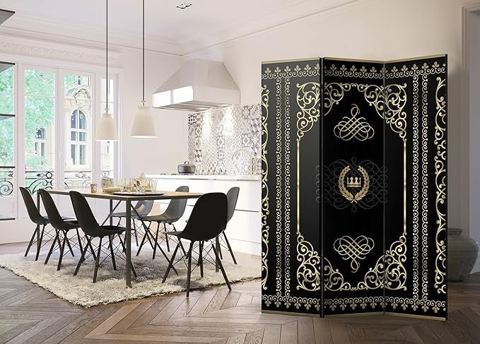 Luxury Black & Gold Islamic Pattern 3 - Panel Folding Room Privacy Divider 135x172 - Kwikley