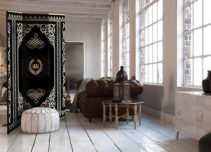 Luxury Black & Gold Islamic Pattern 3 - Panel Folding Room Privacy Divider 135x172 - Kwikley
