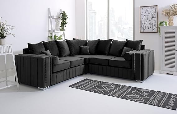 Luxury Black Velvet Corner Sofa 5 Seater L Shape 2C2 Chrome Legs Couch - Kwikley