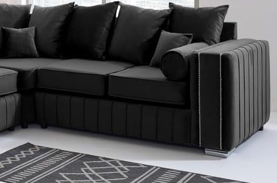 Luxury Black Velvet Corner Sofa 5 Seater L Shape 2C2 Chrome Legs Couch - Kwikley