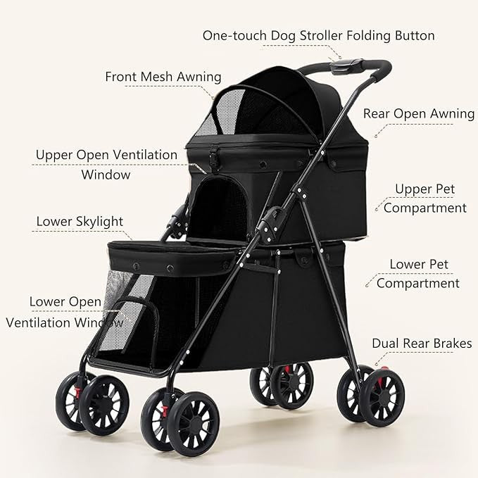 Luxury Double Dog Stroller 2 Tier Foldable Buggy Mesh 4 Wheels Black - Kwikley