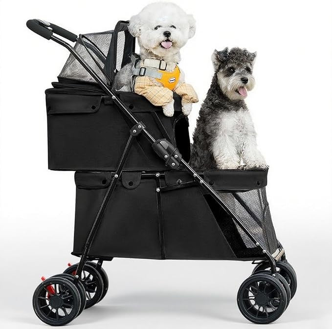 Luxury Double Dog Stroller 2 Tier Foldable Buggy Mesh 4 Wheels Black - Kwikley
