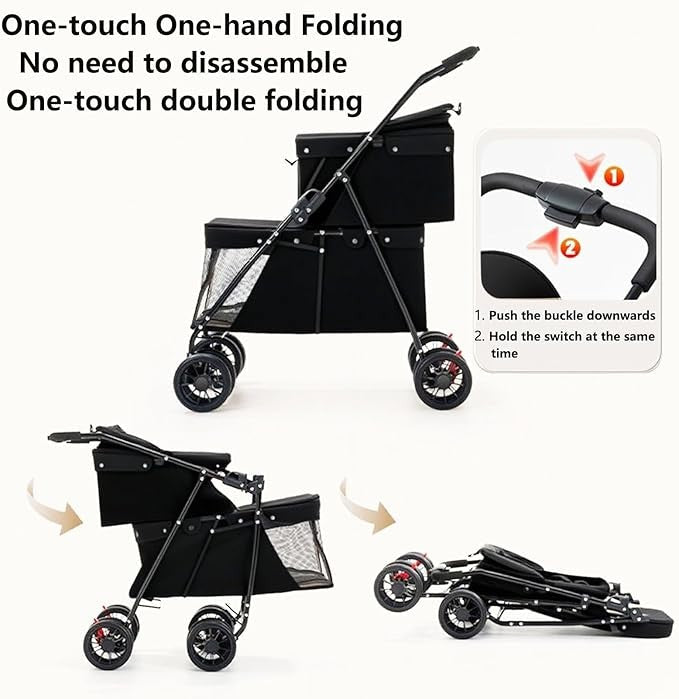 Luxury Double Dog Stroller 2 Tier Foldable Buggy Mesh 4 Wheels Black - Kwikley