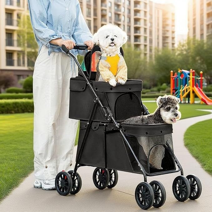 Luxury Double Dog Stroller 2 Tier Foldable Buggy Mesh 4 Wheels Black - Kwikley