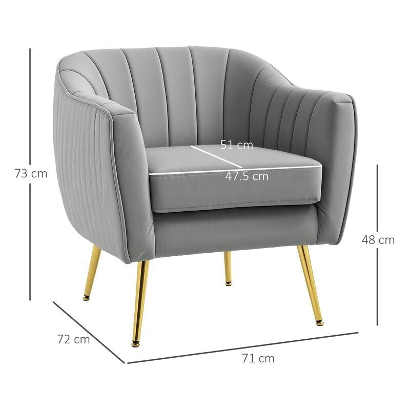 Luxury Grey Velvet Accent Chair – Gold Legs, Shell Tub Armchair, Comfy Seat - Kwikley
