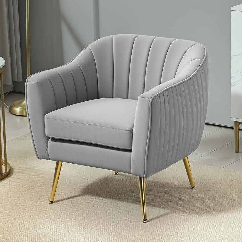 Luxury Grey Velvet Accent Chair – Gold Legs, Shell Tub Armchair, Comfy Seat - Kwikley
