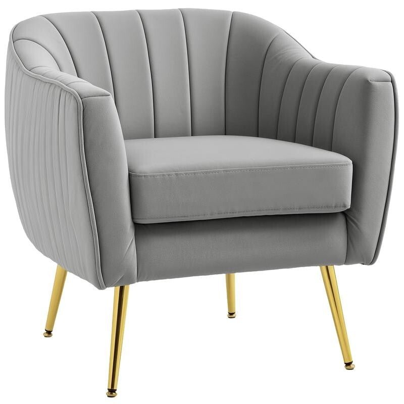 Luxury Grey Velvet Accent Chair – Gold Legs, Shell Tub Armchair, Comfy Seat - Kwikley