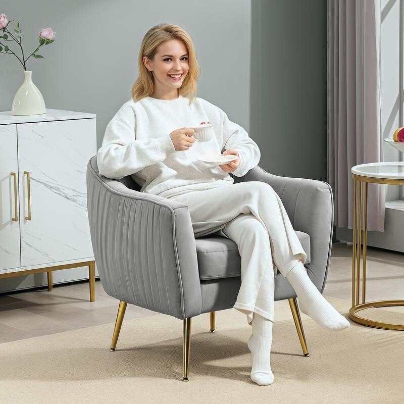 Luxury Grey Velvet Accent Chair – Gold Legs, Shell Tub Armchair, Comfy Seat - Kwikley