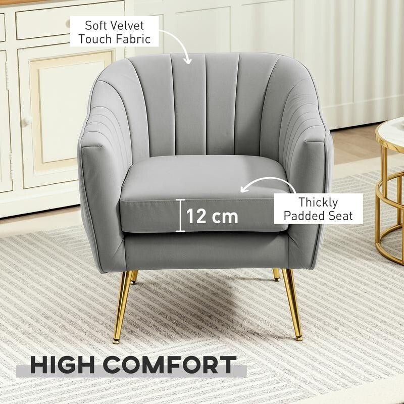 Luxury Grey Velvet Accent Chair – Gold Legs, Shell Tub Armchair, Comfy Seat - Kwikley