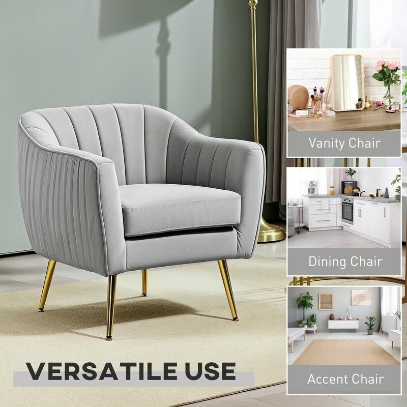 Luxury Grey Velvet Accent Chair – Gold Legs, Shell Tub Armchair, Comfy Seat - Kwikley