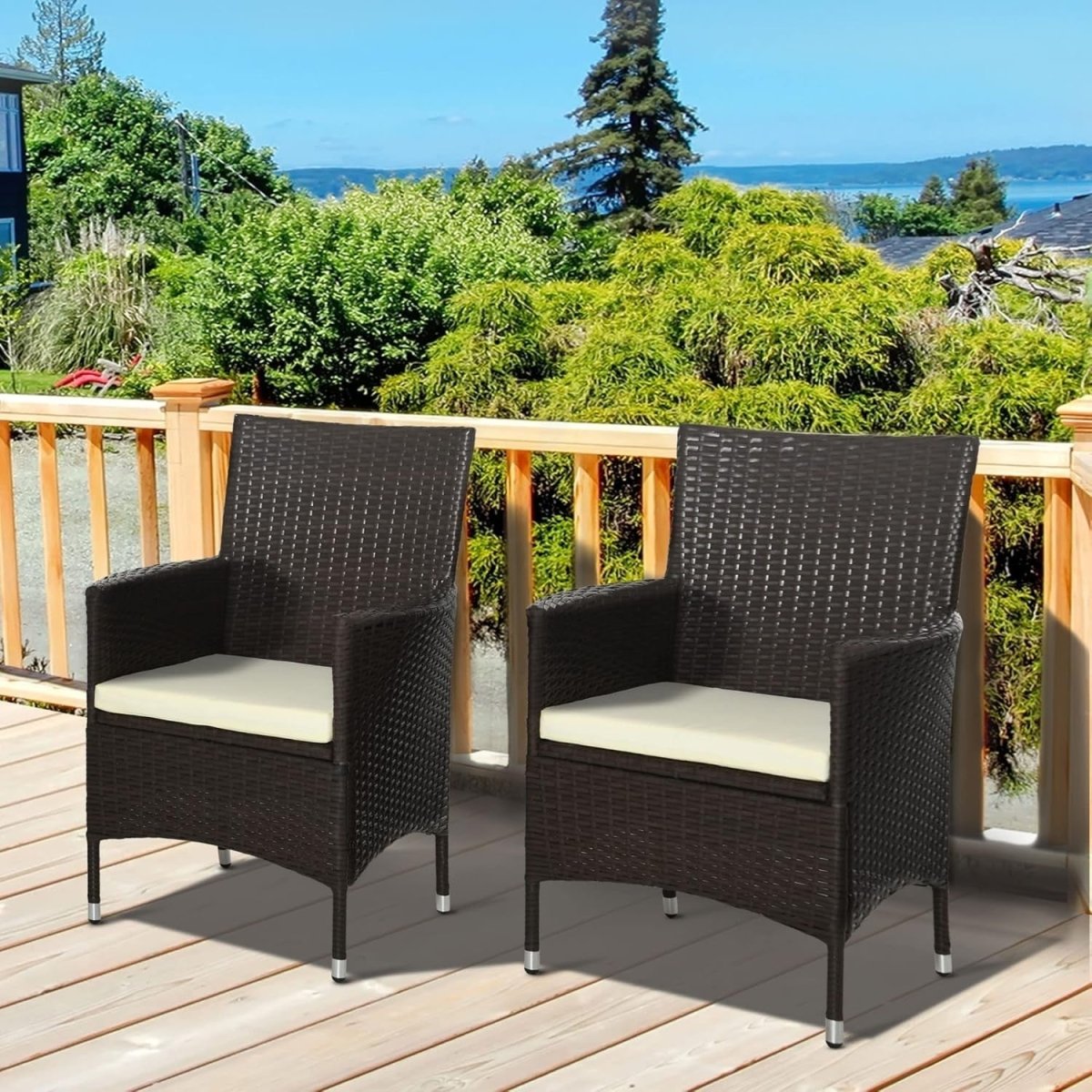 Luxury PE Rattan Outdoor Armchairs Pair Cushioned High Back Garden Seating - Kwikley