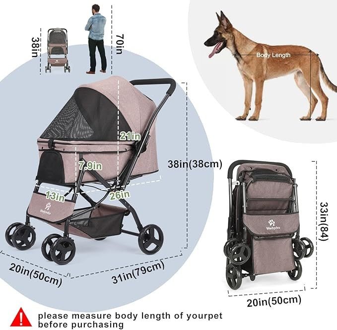 Luxury Pet Stroller Foldable Dog Cat Pram 33lb Capacity Travel Pushchair - Kwikley