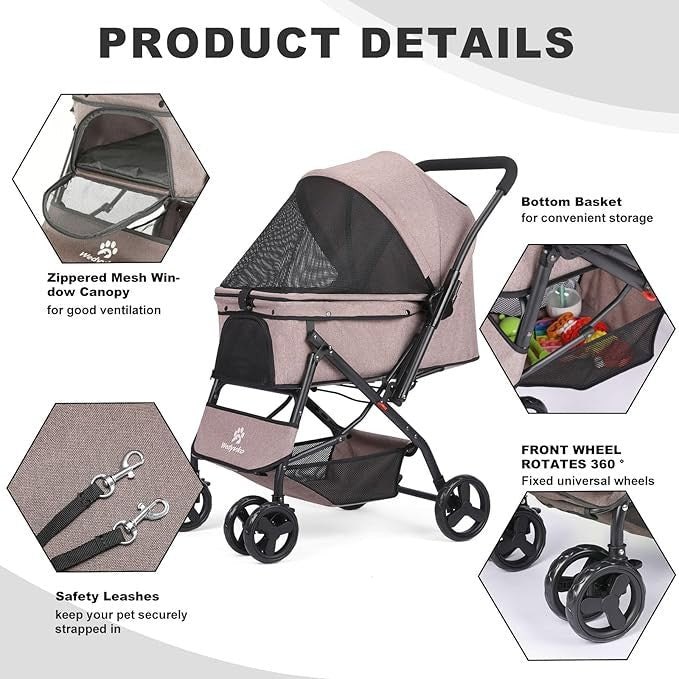 Luxury Pet Stroller Foldable Dog Cat Pram 33lb Capacity Travel Pushchair - Kwikley