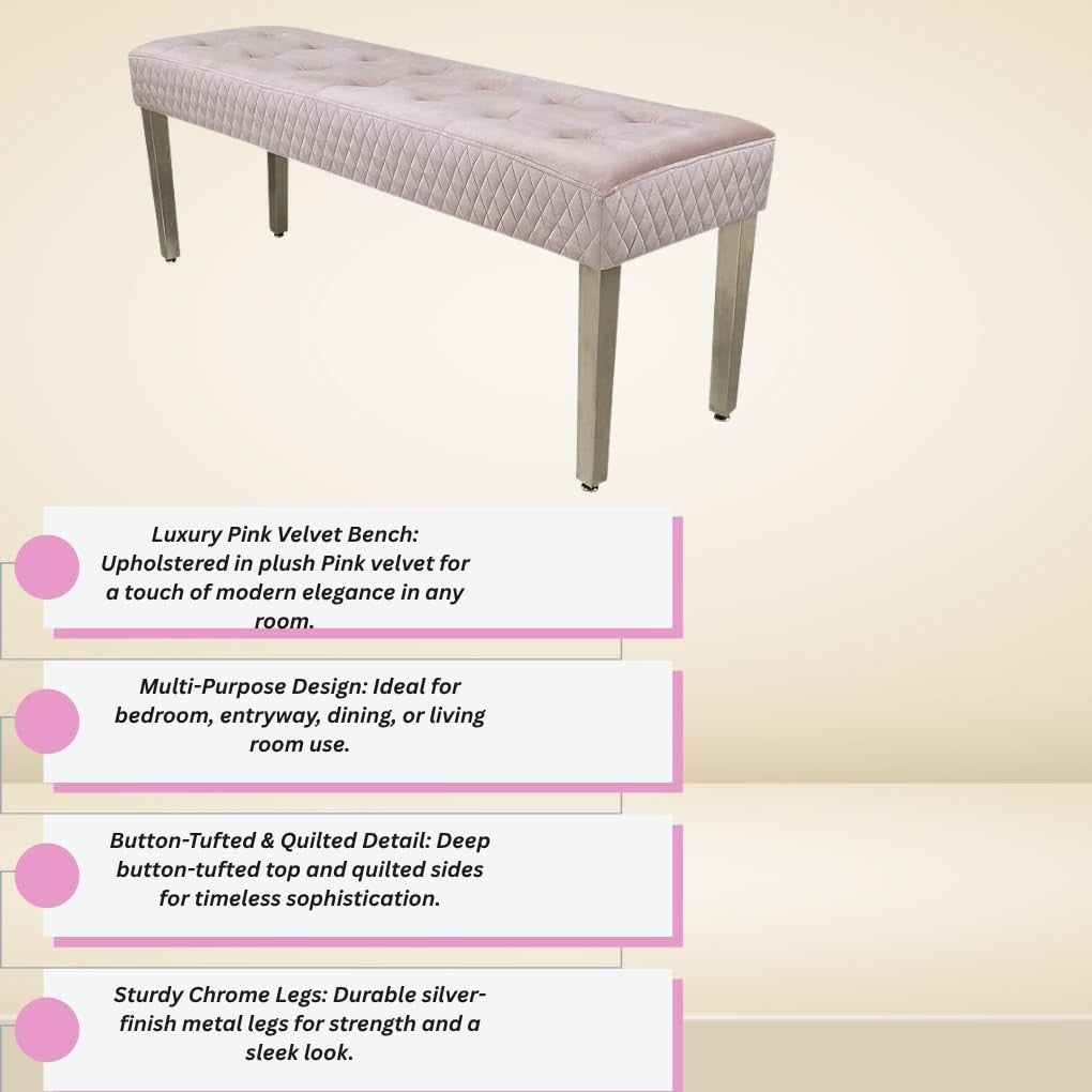 Luxury Pink Velvet 3 - Seater Bench Modern Upholstered Dining & Entryway Seat - Kwikley