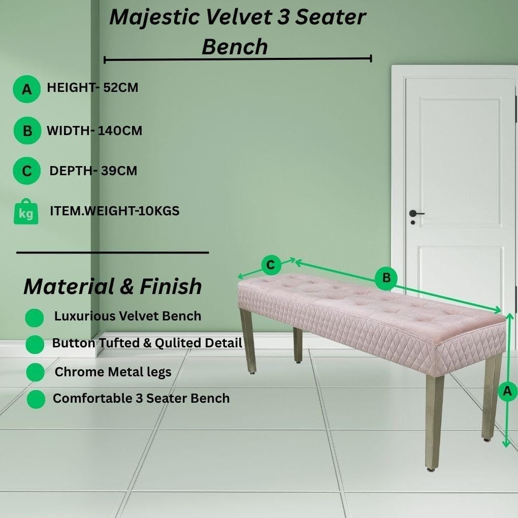 Luxury Pink Velvet 3 - Seater Bench Modern Upholstered Dining & Entryway Seat - Kwikley