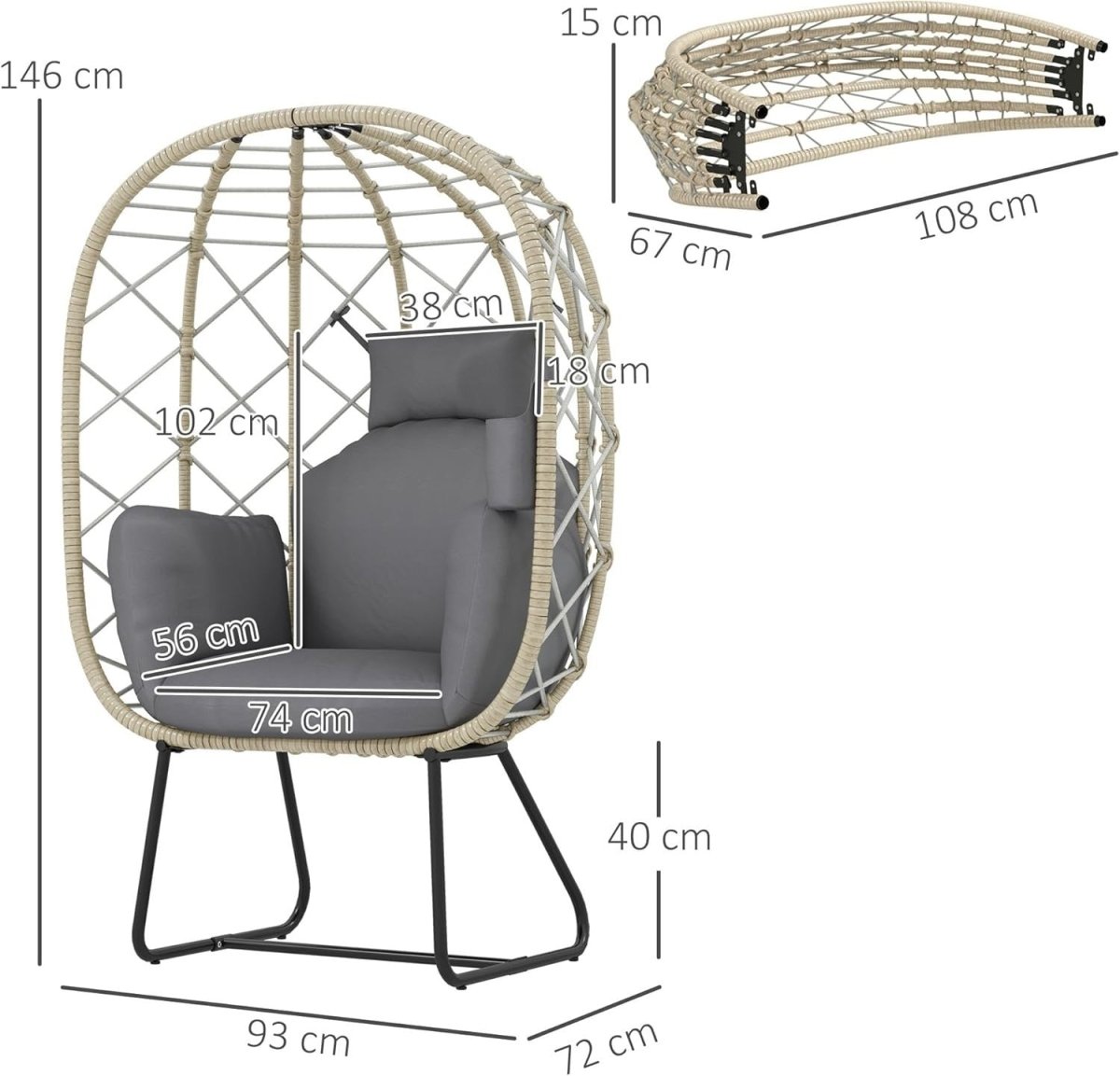 Luxury Rattan Egg Chair with Cushion Headrest Freestanding Indoor Outdoor Seat - Kwikley