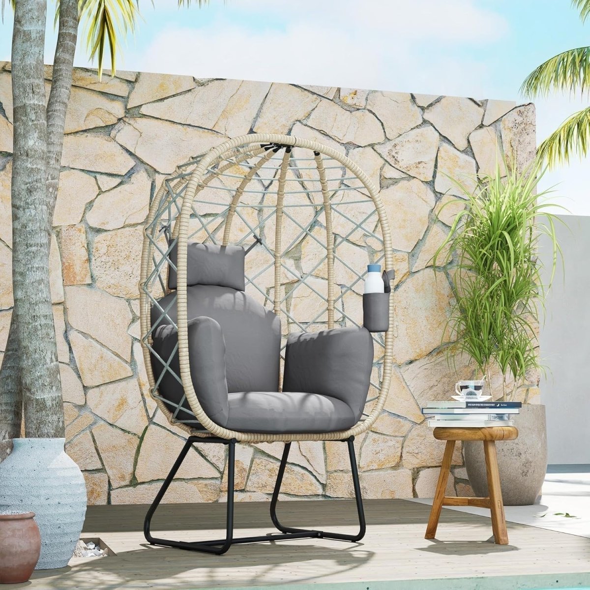Luxury Rattan Egg Chair with Cushion Headrest Freestanding Indoor Outdoor Seat - Kwikley