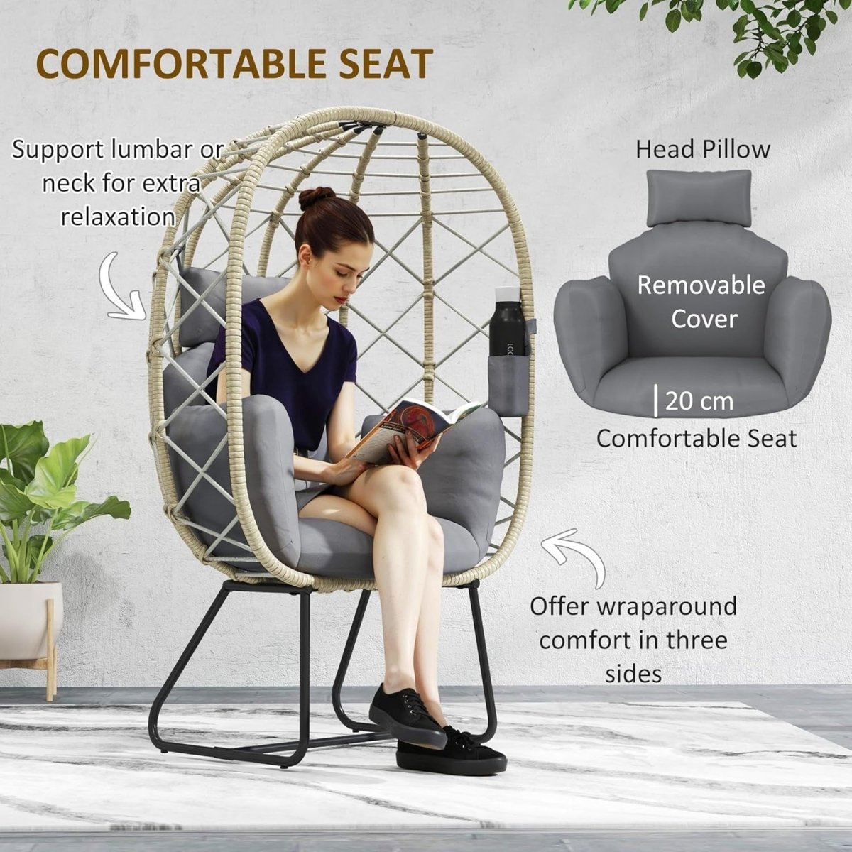 Luxury Rattan Egg Chair with Cushion Headrest Freestanding Indoor Outdoor Seat - Kwikley