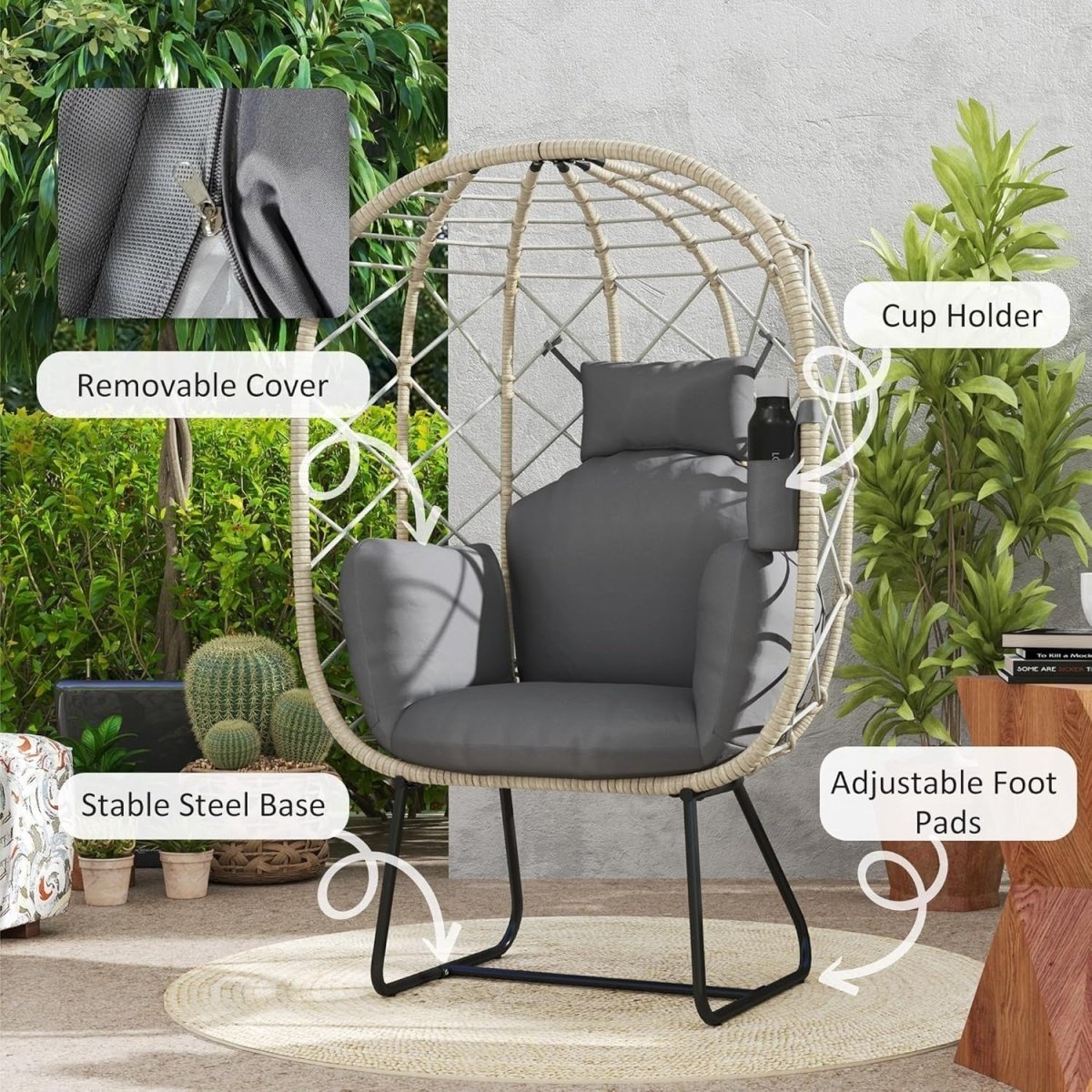 Luxury Rattan Egg Chair with Cushion Headrest Freestanding Indoor Outdoor Seat - Kwikley