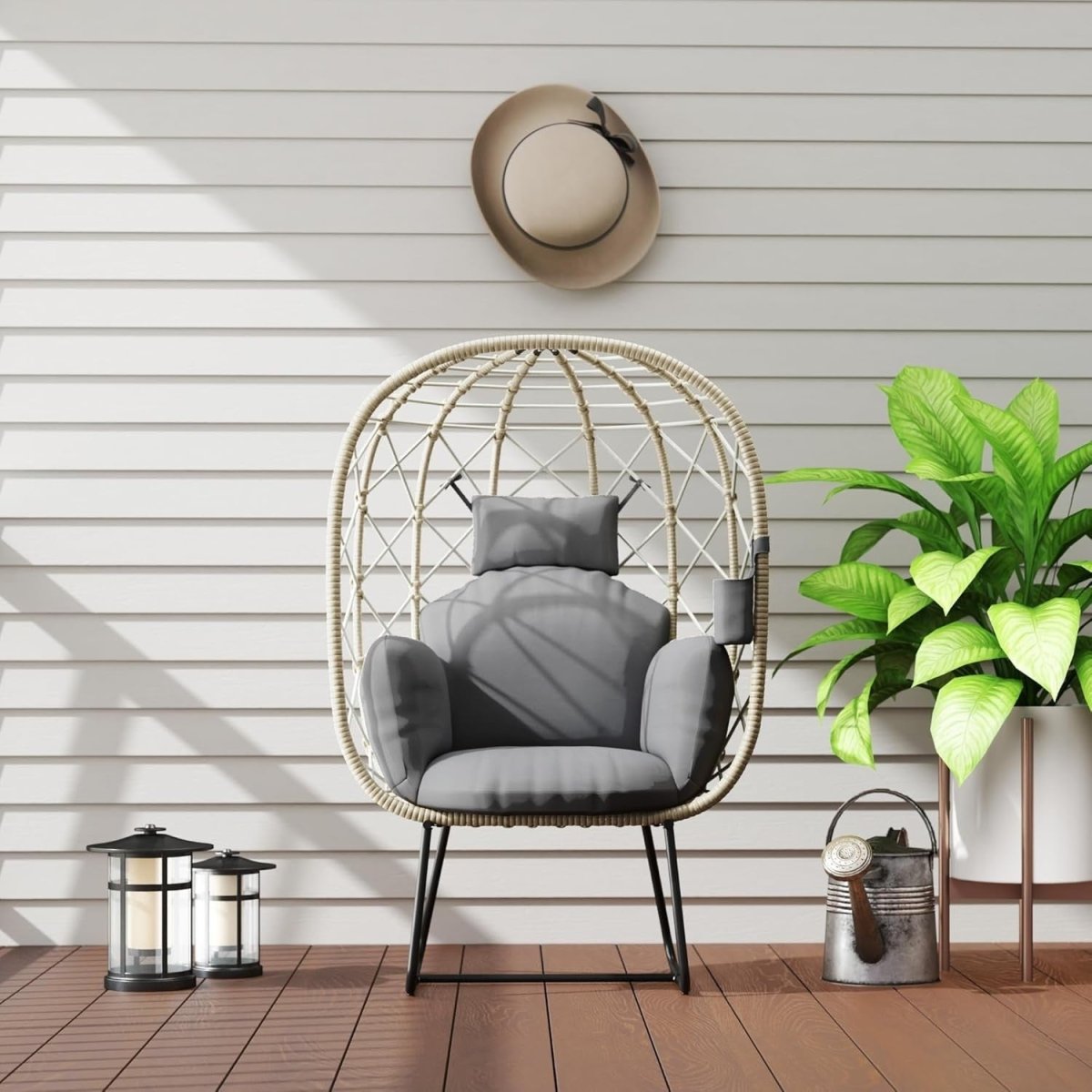 Luxury Rattan Egg Chair with Cushion Headrest Freestanding Indoor Outdoor Seat - Kwikley