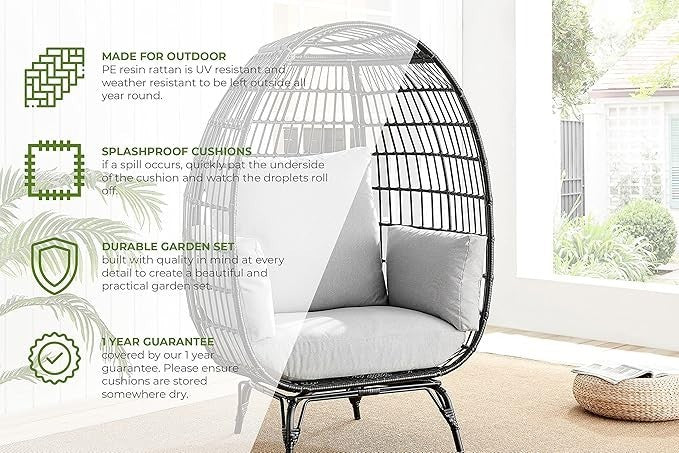 Luxury Rattan Egg Chair with Thick Cushions – Outdoor Garden Seat Black - Kwikley