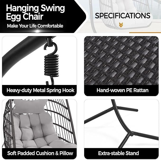Luxury Rattan Egg Swing Chair with Cushion Indoor Outdoor Hammock 159kg - Kwikley