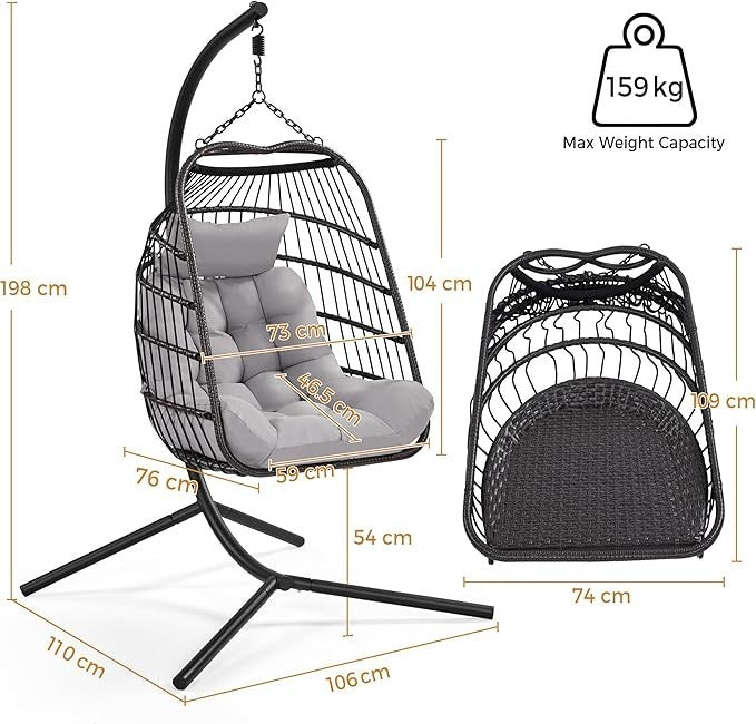 Luxury Rattan Egg Swing Chair with Cushion Indoor Outdoor Hammock 159kg - Kwikley