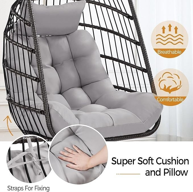 Luxury Rattan Egg Swing Chair with Cushion Indoor Outdoor Hammock 159kg - Kwikley