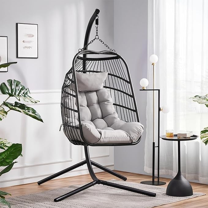 Luxury Rattan Egg Swing Chair with Cushion Indoor Outdoor Hammock 159kg - Kwikley