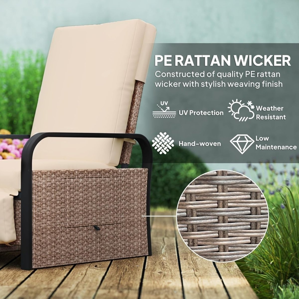 Luxury Rattan Garden Recliner with Footrest, Adjustable Back & Side Table - Kwikley