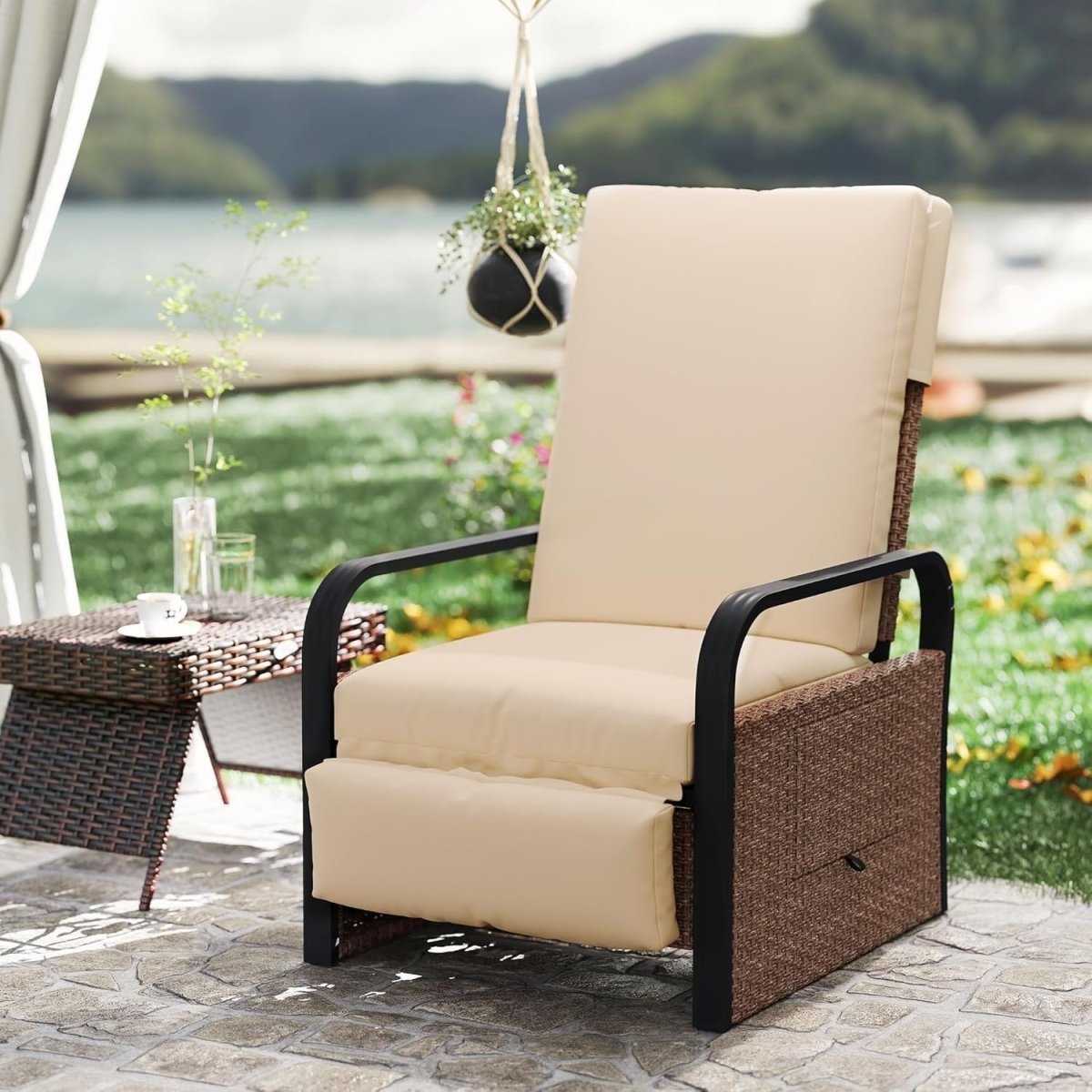 Luxury Rattan Garden Recliner with Footrest, Adjustable Back & Side Table - Kwikley