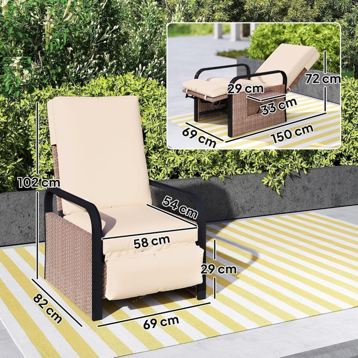 Luxury Rattan Garden Recliner with Footrest, Adjustable Back & Side Table - Kwikley