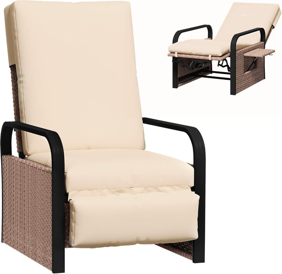 Luxury Rattan Garden Recliner with Footrest, Adjustable Back & Side Table - Kwikley