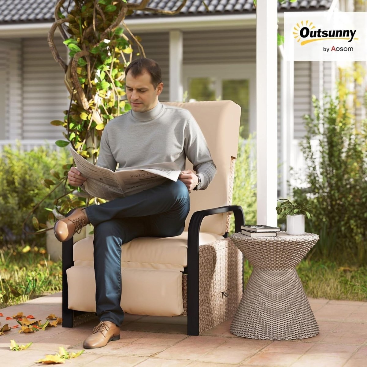 Luxury Rattan Garden Recliner with Footrest, Adjustable Back & Side Table - Kwikley