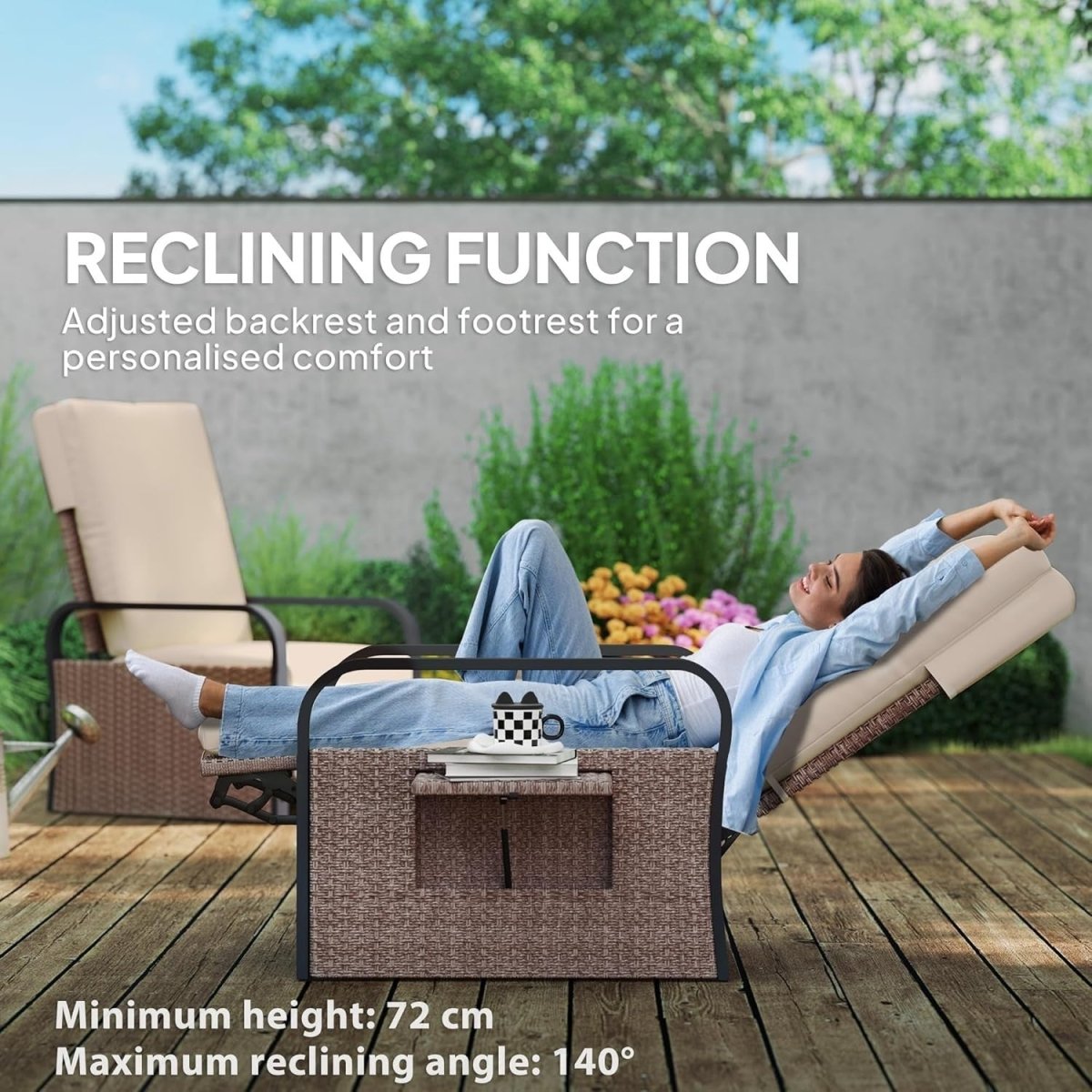 Luxury Rattan Garden Recliner with Footrest, Adjustable Back & Side Table - Kwikley