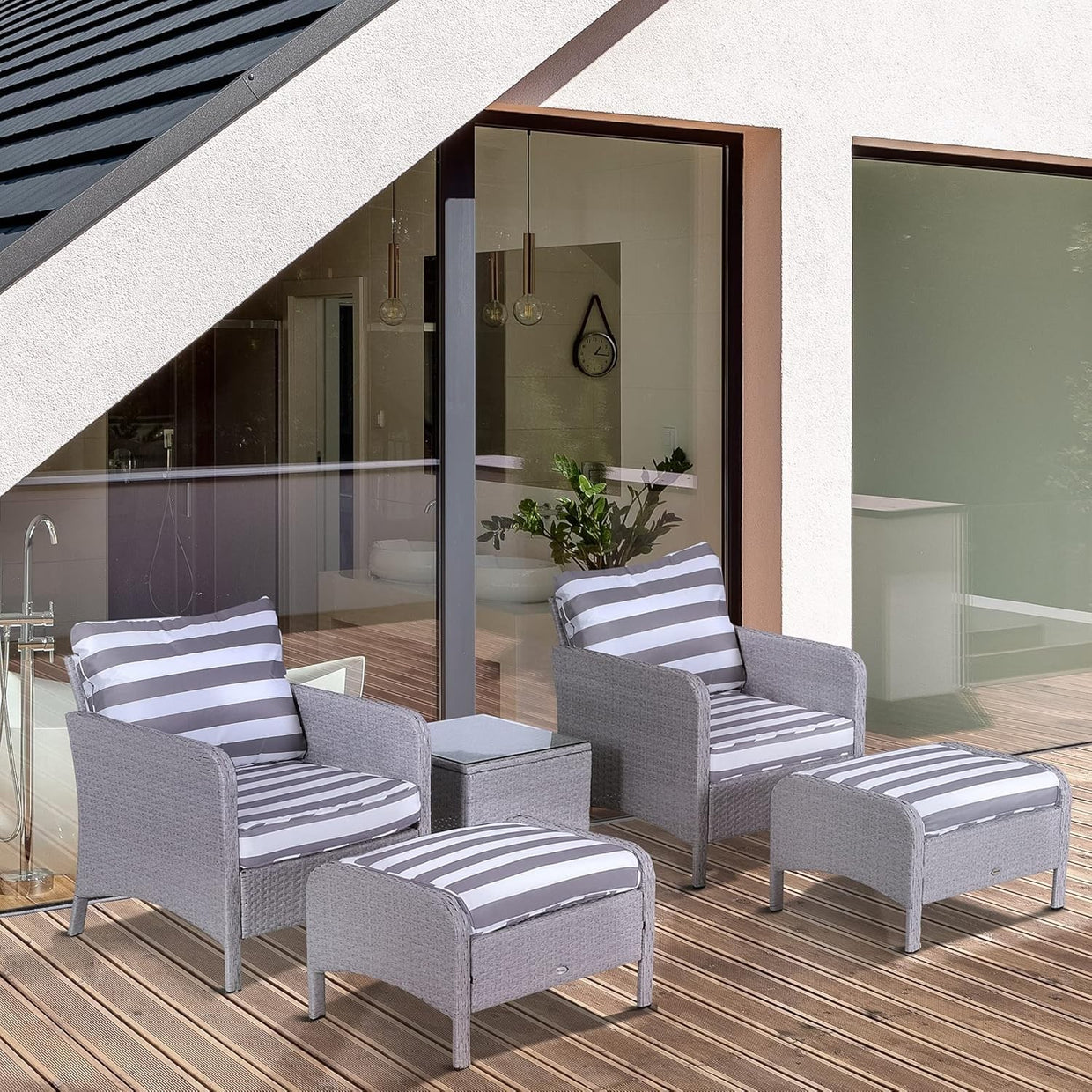 Luxury Rattan Garden Set 5pc Grey White Outdoor Chairs Table Cushions - Kwikley