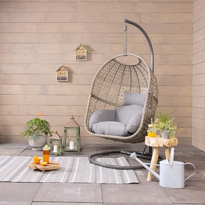 Luxury Rattan Hanging Egg Chair with Stand Indoor Outdoor Swing Seat Grey - Kwikley
