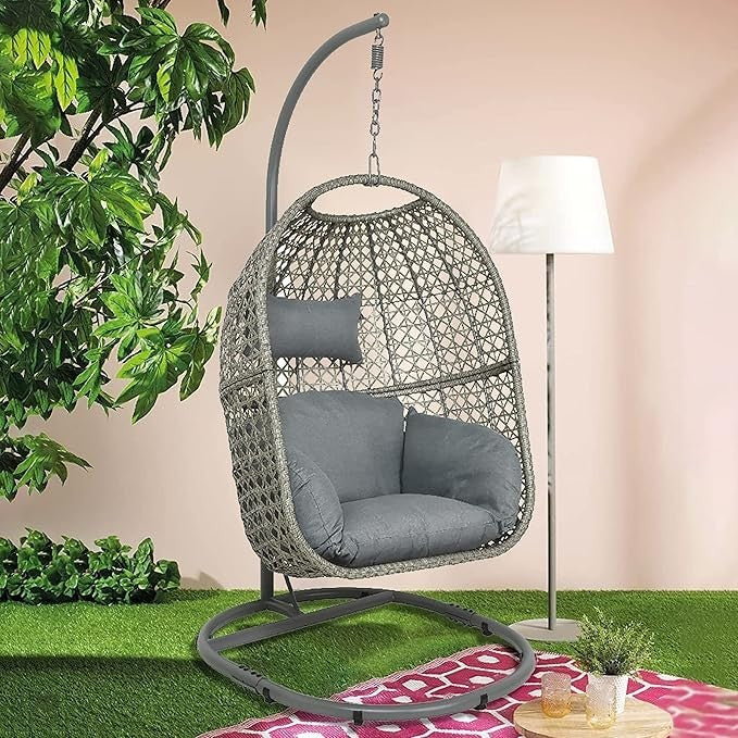 Luxury Rattan Hanging Egg Chair with Stand Indoor Outdoor Swing Seat Grey - Kwikley